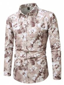 Manfinity Homme Men's Casual Fashion All Over Print Button Down Long Sleeve Shirt - Khaki - View 4