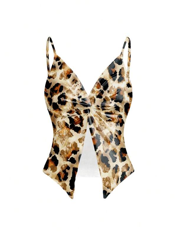 Shutterstock Multicolor Asymmetrical Leopard Print Bodycon Camisole Top For Women, Suitable For Summer, Vacation, Music Festival