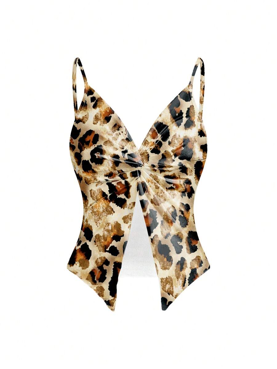 Shutterstock Top camiseta de tirantes ajustada con estampado asimétrico de leopardo multicolor para mujeres, adecuado para verano, vacaciones, festivales de música