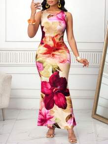 SHEIN Lady 春夏大花朵印花无袖鱼尾长裙女士连衣裙生日和活动连衣裙/办公室连衣裙/教堂连衣裙/婚纱/节日连衣裙/波西米亚风/毕业礼服/优雅连衣裙度假服装女士生日连衣裙女士节日商务休闲女士 - 彩色 - 查看 3