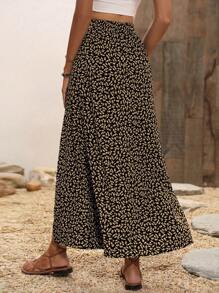 Breezaya 碎花印花开叉大腿裙长款度假海滩装女装 - 黑色 - 查看 2