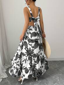Elenzga 2025 New Fashion Print Square Collar Belt Hollow Back Tie Up Casual Vacation Sleeveless Dress, Bohemian Music Festival, Summer - Black and White - View 2