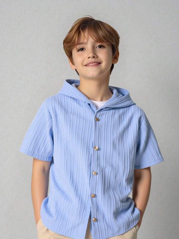 Tween Boys Casual Korean Style Textured Fabric Hooded Short Sleeve Shirt, Suitable For Commuting, School, Daily Casual Wear, Sports, Spring/Summer