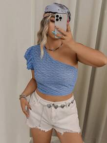 SHEIN VCAY Plus Size Women Short Ruffle Sleeve One Shoulder Fitted Top, Summer Sloping Shoulder Top Ruffle Off The Shoulder Top - Multicolor - View 2