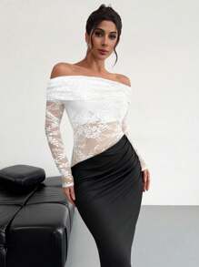 Firerie Vestido elegante y sexy de manga larga, con diseño minimalista y elegante, hombros descubiertos, textura de malla semi-transparente, drapeado y silueta ajustada, perfecto para el Día de San Valentín, Año Nuevo, citas