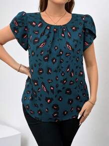 Reflora 春季女士加大码优雅豹纹绿色纽扣衬衫，百搭日常穿着 - 彩色 - 查看 6