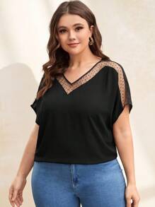 SHEIN Clasi Plus Contrast Dobby Mesh Dolman Sleeve Blouse - Black - View 4