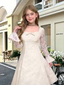 SHEIN 青少年女孩长袖连衣裙，适合派对、节日连衣裙、优雅连衣裙、返校节连衣裙、正式礼服、派对连衣裙、婚礼宾客连衣裙、圣诞节