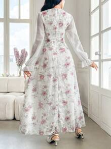 Modelyn 女士长款方领刺绣拼接雪纺优雅浪漫腰部 A 字连衣裙 - 白色 - 查看 2