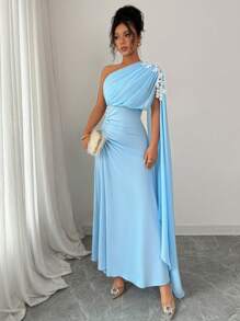 Rafferiza Women's Elegant Ruched One Shoulder Ruched Applique Decorated Dress - Baby Blue - View 6