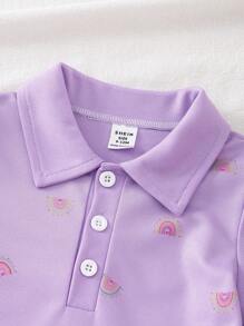 SHEIN Playful Pals 女婴泡泡袖紫色高领彩虹印花荷叶边下摆休闲短袖连衣裙 - 紫色 - 查看 4