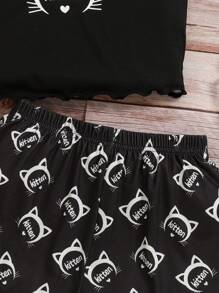 SHEIN Tween Girls Cute Cat Pattern Cami Top And Shorts 2pcs Pajama Set - Black - View 3