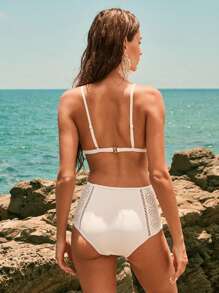 Anewsta 2 Pieces Women Premium Fashion Hollow Lace Patchwork High-Waist Bikini Swimsuit For Summer Beach Vacation - White - View 2
