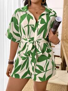 SHEIN LUNE Große Größen Jumpsuit für Damen, lässig, gewebt, mit Bindetaille, Muster, locker geschnitten, Mehrfarbig, Sommer - Verschiedenfarbig - View 5