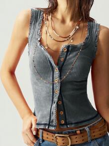 Bohemela 女式纯色针织露肩修身休闲背心 - 藍色 - 查看 7