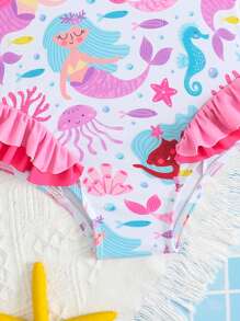 Baby Girls Mermaid Print Knit Fabric Swimsuit, Shoulder Double Bow Decor, Ruffled Leg, One-Piece Swimwear, Fashion And Elegant, Suitable For Swimming, Vacation, Summer Baby Girls Clothing Swimsuits Swimsuit Set For Baby Girl Baby Girl Swimwear Baby Girl Clothes Beach Swimsuit For Baby Girls - Multicolor - View 5