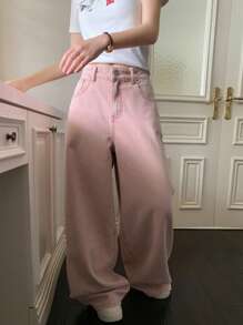 Livesso Women's Summer Washed Casual Loose Wide Leg Jeans - Baby Pink - View 5