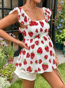 SHEIN Maternity Summer Full Print Strawberry Graphic Ruffle Collar Blouse - Red and White - View 7
