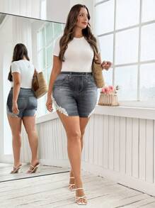 SHEIN Clasi Pantalones cortos de ciclista informales de talla grande para mujer con estampado de encaje falso de mezclilla, para verano