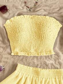 Soleia 2pcs/Set Women Solid Color Ruffle Bust Tight Top And Layered Hem Mid-Length Skirt Set Yellow Two Piece Set Summer Two Piece Set Yellow Skirt Set Butter Yellow Two Piece Set Summer Co Ord Set Summer Skirt Set - Mustard Yellow - View 4