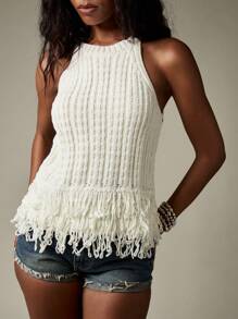 MISSGUIDED Chaleco suéter de punto con dobladillo de flecos acanalados, para uso casual, bohemio, en festivales, para Coachella, en la playa, en primavera y verano