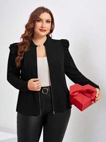 Chikora SHEIN Clasi 1pc Women's Plus Size Simple Shiny Print Front Open Jacket, Suitable For Autumn And Winter,Halloween&New Year& Charistmas Clothes Fall - Black - View 6
