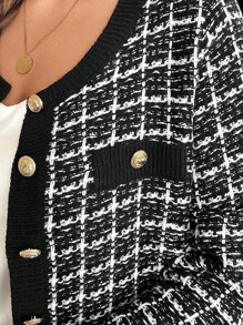 SHEIN Clasi Plus Size Plaid Front Button Casual Cardigan For Autumn & Winter Fall - Black and White - View 7