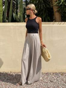 Livesso 女士宽松休闲阔腿裤，夏季新品 - 咖啡棕 - 查看 4