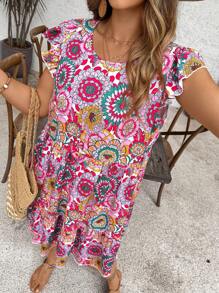 SHEIN VCAY Đầm thường ngày họa tiết hoa ngày lễ cỡ lớn cho nữ cổ tròn tay lửng viền bèo nhún - Nhiều màu - Xem 6