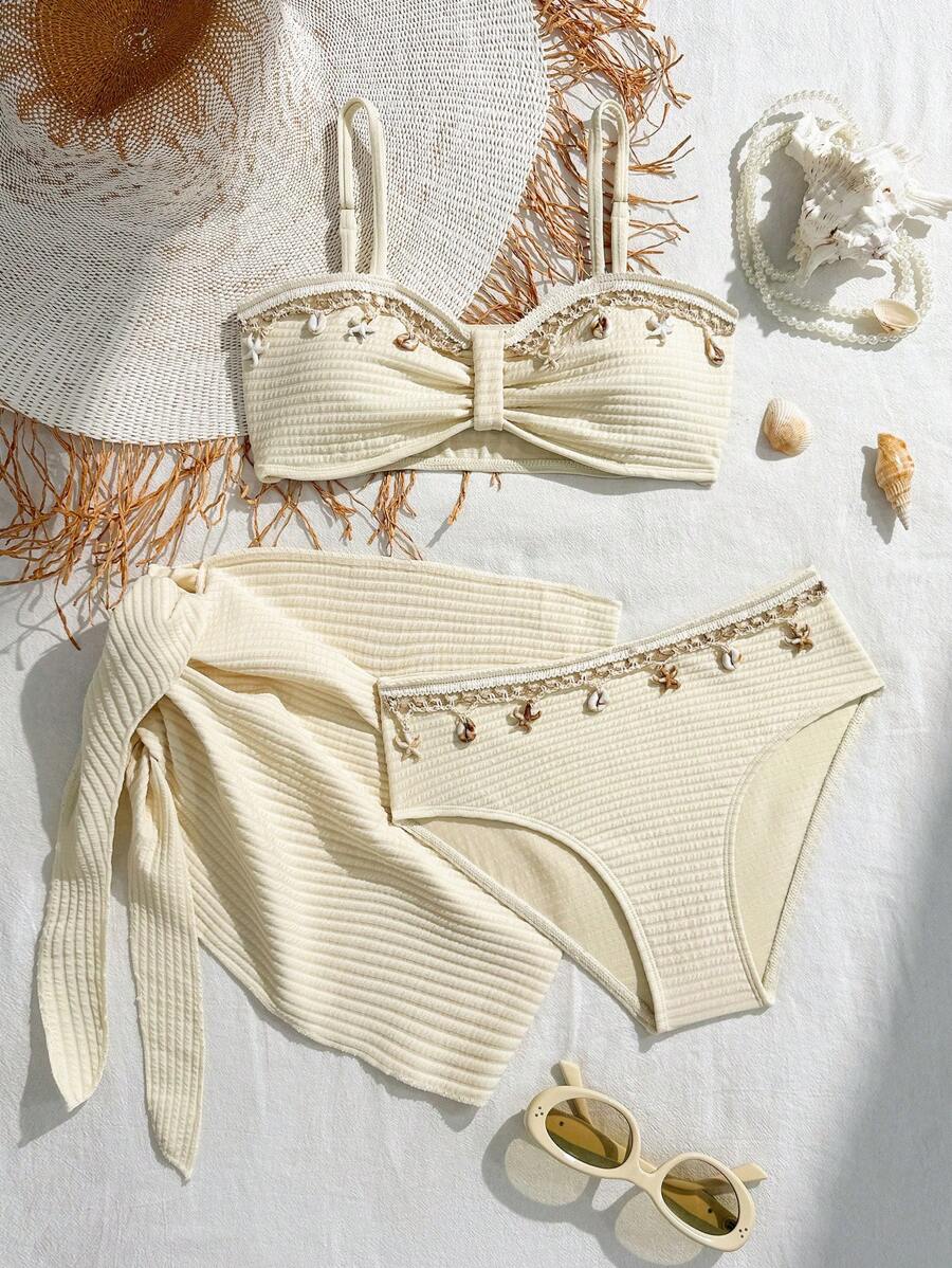 SHEIN Bộ bikini ren trang trí bãi biển cho bé gái tuổi teen kèm áo choàng và chân váy ngắn - Màu be - Xem 1