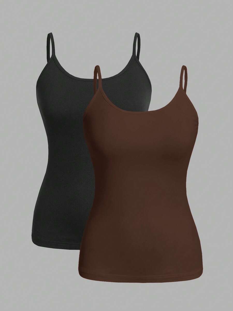 SHEIN EZwear 2pcs Women's Black & Brown Tight Fit Casual Camisole Tops, Polyester Material, Suitable For Summer - Multicolor - View 1