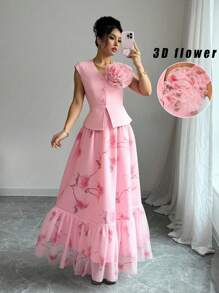 Elenzga Top elegante e romantico da donna con vita raccolta e decorazione floreale 3D, set di due pezzi con stampa floreale in rete, arricciato