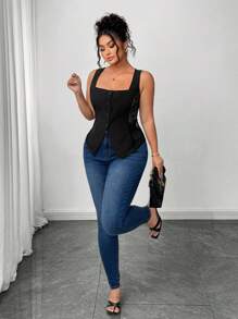 Elenzga Camiseta de tirantes de talla grande para mujer con cuello cuadrado, abotonadura frontal, parches y encaje, bajo asimétrico, ideal para uso casual y diario en verano