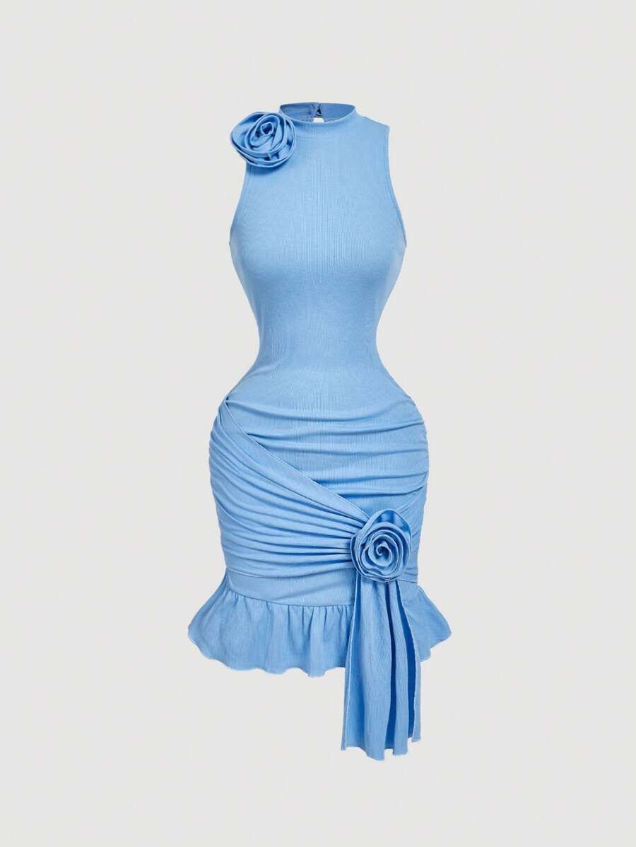 SHEIN MOD 蓝色梦幻浪漫迷人修身连衣裙，采用 3D 花卉装饰、不对称设计、飘逸丝带、荷叶边装饰和褶皱细节 - 非常适合约会、节日、度假、波西米亚风格、生日服装和节日穿着 - 藍色 - 查看 1