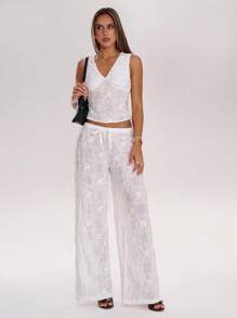 SHEIN BAE Women's Floral Jacquard Tie Waist Palazzo Loose Pants - White - View 5