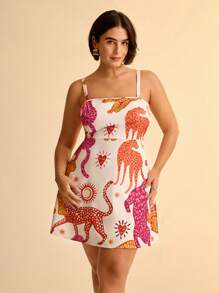 CAJUNI Vestido casual mini para mujer talla grande, de estilo Bohemio tropical con bloque de color y estampado animal