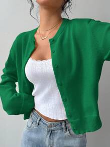 SHEIN BASICS Áo len cardigan dáng rộng cổ tròn màu trơn đơn giản cho nữ, tay dài - màu xanh lá - Xem 6