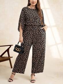 SHEIN Clasi Plus Size Women's Loose-Fit Waist-Cinching Leopard Print Half-Sleeve Wide Leg Jumpsuit, Summer,Fall,For Teachers