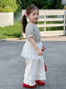 DAZY Young Girls Ditsy Floral Square Collar Short Sleeve Shirt + Long Pants 2-Piece Set, Fall Outfit - White - View 4