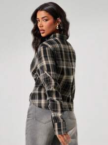 Denimoi 女式秋季格子荷叶边长袖休闲侧开衩衬衫 - 淺灰色 - 查看 6