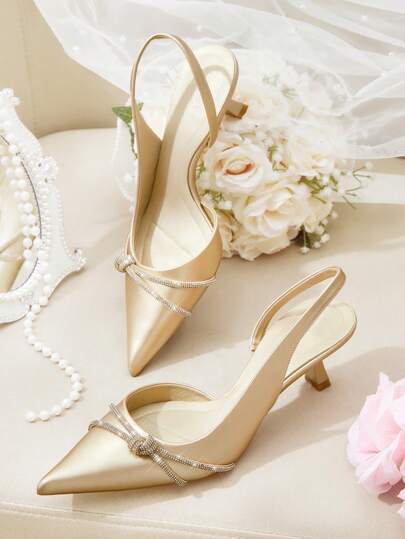 CUCCOO HITCHD Women's Pointed Toe Low Heel Comfortable Fashion Versatile Gold Crystal Strap Wedding Party Event High Heel & Backless Pumps For Christmas Elegant Shoes