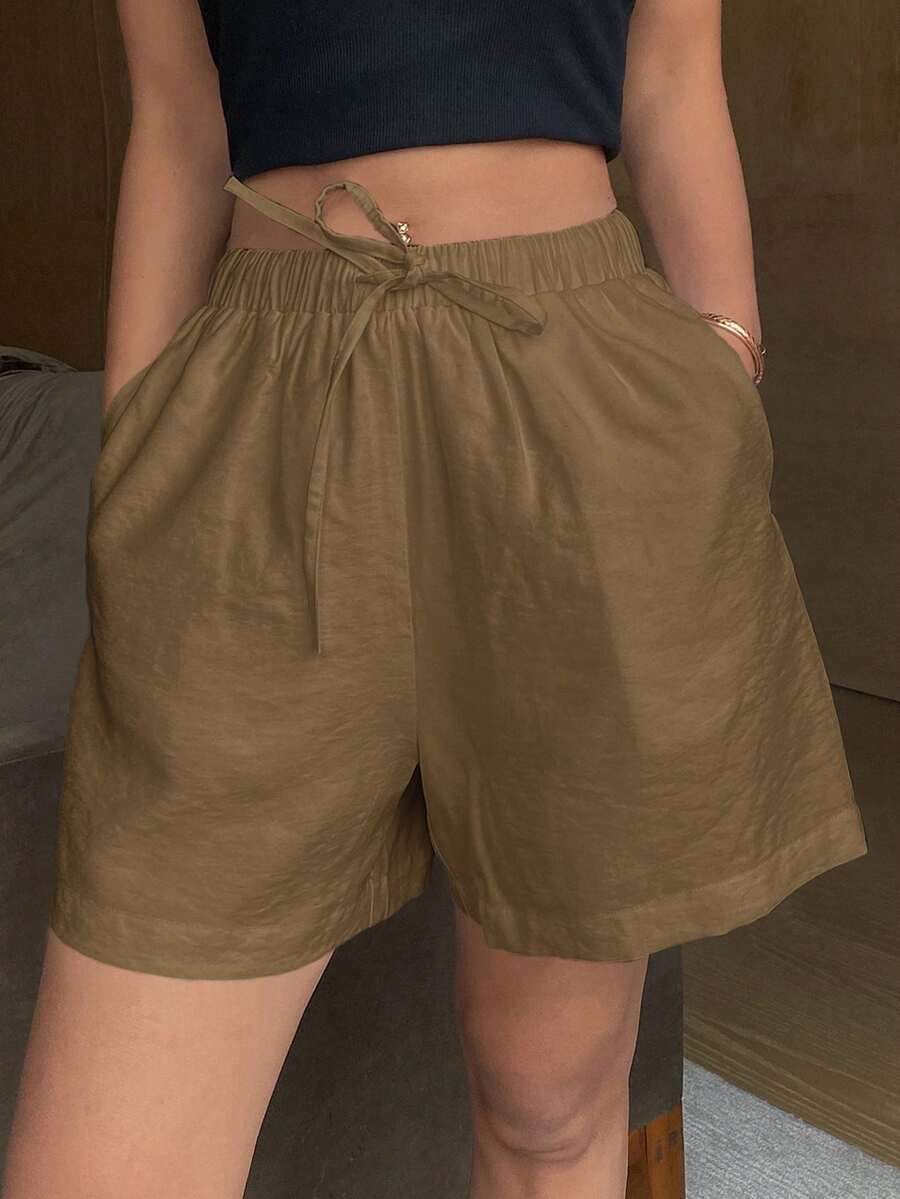DAZY سروال قصير فضفاض ماركة سيدات بخصر مطّاطي قطني لون سادة، للموسم الصيفي والعطل