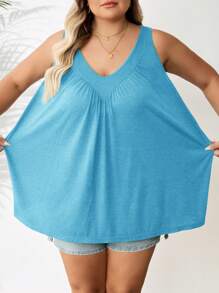 SHEIN CURVE+ Plus Size Women's Casual Solid Color V-Neck Pleated Camisole, Summersummer/Country/Beach Vacation Outfits/Beach Outfits/Beach Wear - Blue - View 5