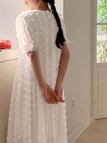 DAZY 女士纹理短袖透视中长连衣裙，舒适 - 白色 - 查看 3