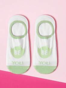 THE POWERPUFF GIRLS X SHEIN 1 Par de Meias Invisíveis de Barco de Moda com Padrão de Letra de Cores Contrastantes para Mulheres - Verde - Visão 4