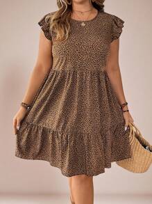 SHEIN VCAY Plus Size Round Neck Ruffle Hem Leopard Print Fashion Casual Dress,Beach Dress Sundress,Holiday Outfits Boho