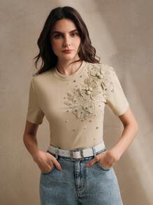 Anewsta Elegant Women Short Sleeve Round Neck T-Shirt With 3D Floral Print Applique - Khaki - View 5