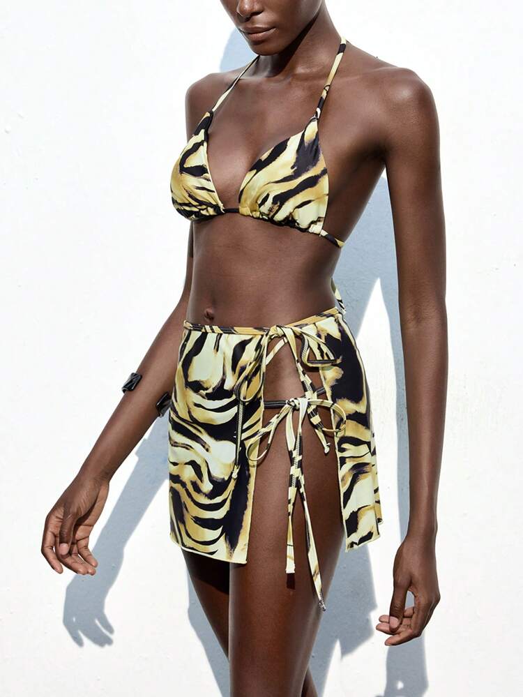 SHEIN Maija Women's Tiger Print Halter Bikini With Matching Short Wrap Skirt Beachwear Set