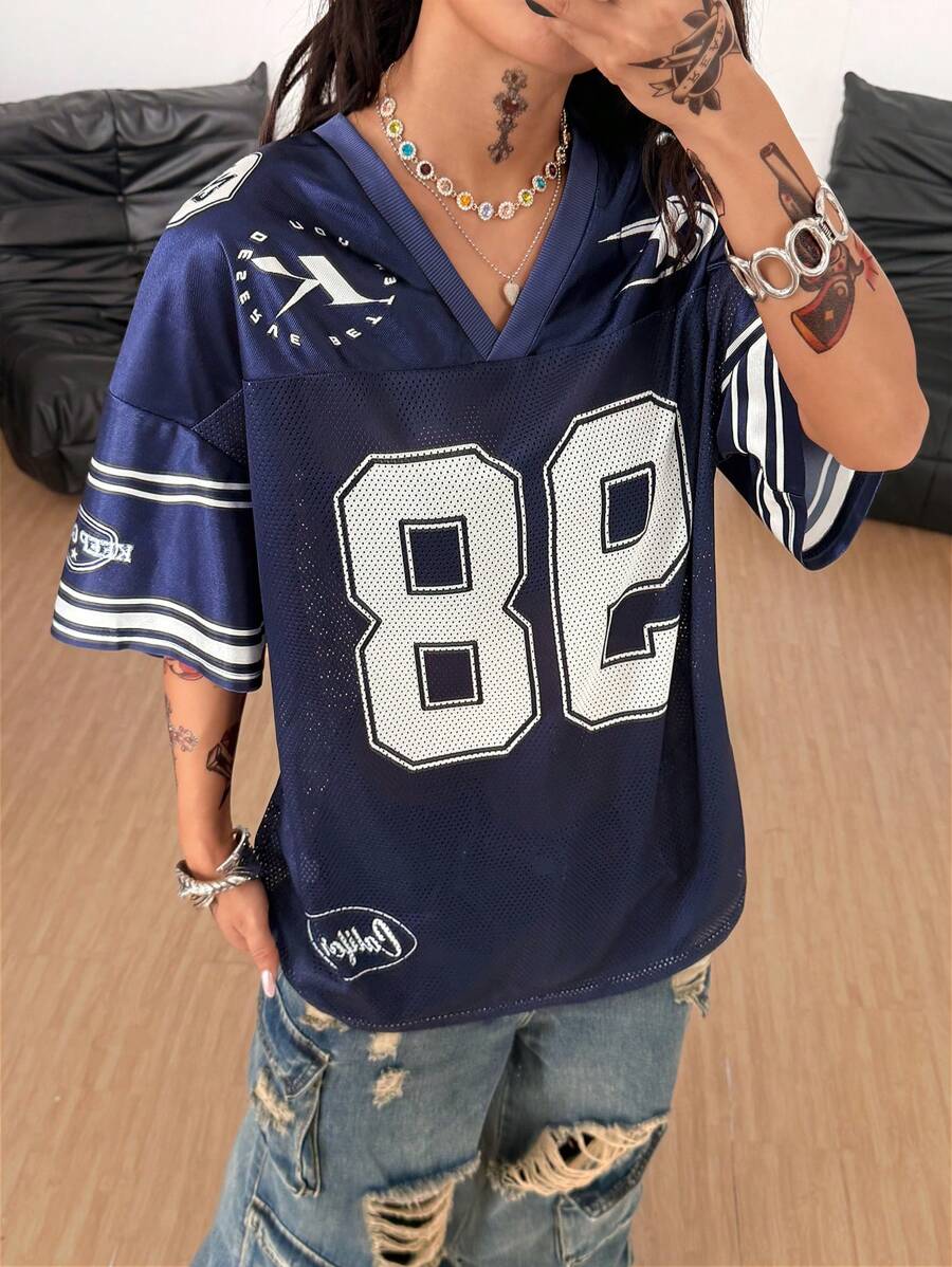 Coolane Women's Spring/Summer Festival Going Out Streetwear Vintage Breathable Mesh Number Pattern Graphics Baseball Jersey Blue  Jersey T-Shirt - Navy Blue - View 1