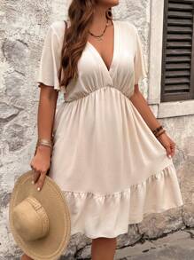 SHEIN Tall 女式加大码 V 领荷叶边袖宽松腰 A 字休闲迷你连衣裙，夏季